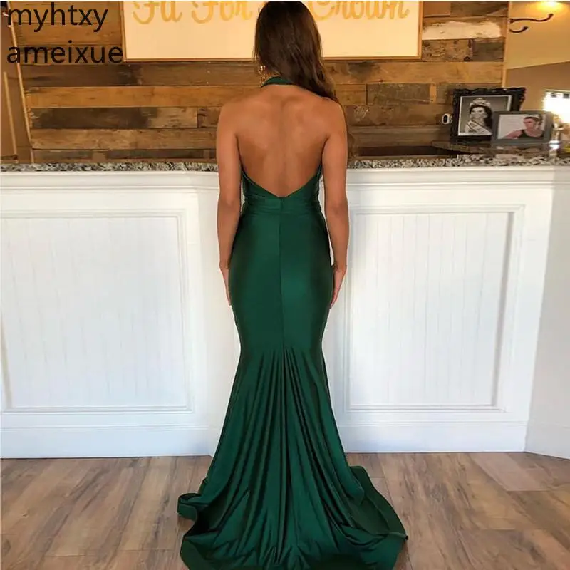 Темно зеленое вечернее платье Русалка Стиль Холтер без рукавов Vestido сексуальное