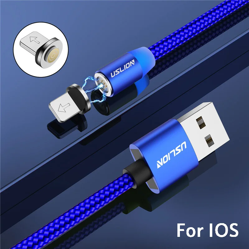 USLION 1 м Быстрая зарядка Магнитный Micro usb type-C кабель зарядное устройство для huawei P30 mate 20 Pro 3A светодиодный магнитный кабель usbc для передачи данных - Цвет: Blue For iPhone