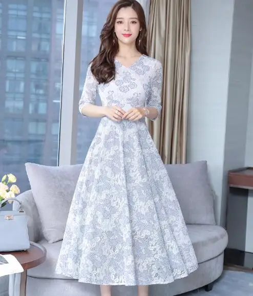 Casual Slim Women 2019 Elegant Hollow Out Lace Dress Vintage Long A-Line Party Dresses Female Plus Size LJ39 | Женская одежда