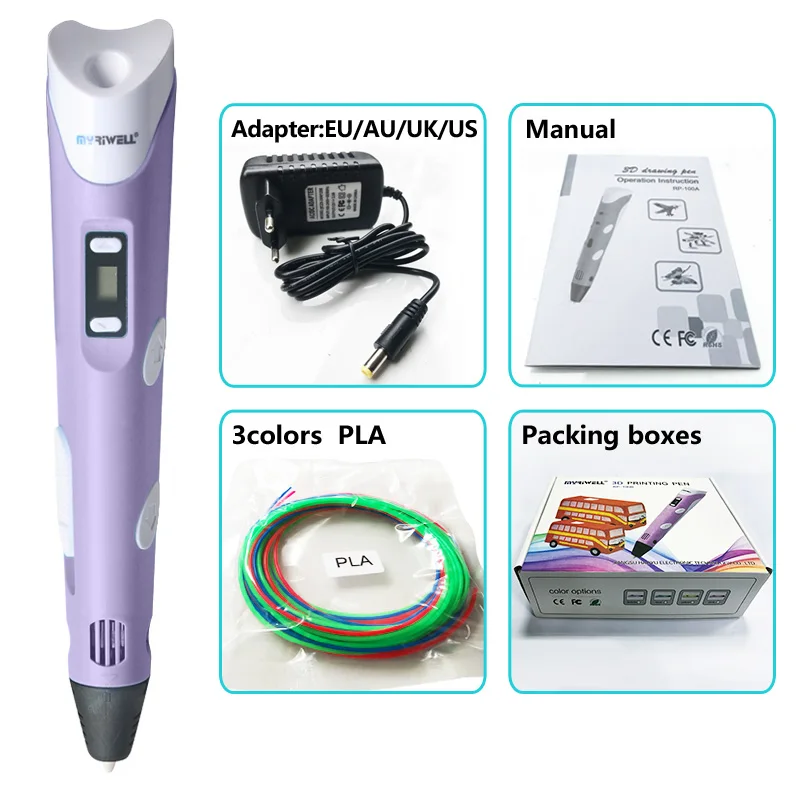 Purple pen Myriwell 3d ручки, светодиодный дисплей, ABS/PLA нити, модель Smart 3d Ручка для печати, лучший подарок для Kidspen-3d - Цвет: Purple pen