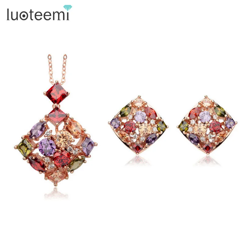 

LUOTEEMI 2015 Hot New Wholesale Top Quality Artifical Rose-Color Multi Cubic Zirconia Necklace Earring Jewelry Set for Women
