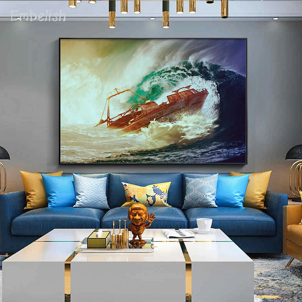 

Embelish 1 Pieces Big Ship On The Wave Landscape Modern Home Decor Pictures For Living Room HD Canvas Painting Bedroom Posters