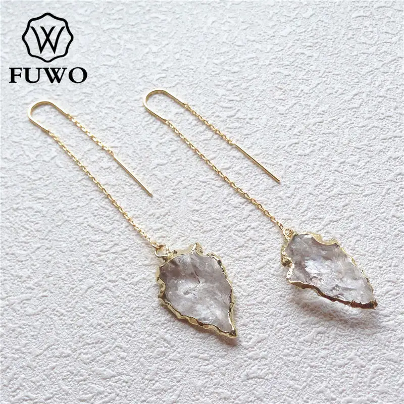 Threader Earrings FUWO серьги из натурального прозрачного кварца с 24 к позолотой, минималистичный дизайн, серьги-Нитевдеватель для женщин ER020 - Окраска металла: Threader Earrings