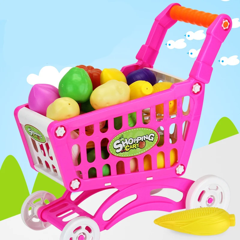 

Play House Toys Simulation Supermarket Shopping Cart Mini trolleys with Fruit Vegetable Kitchenware Set Gifts For Children Girl