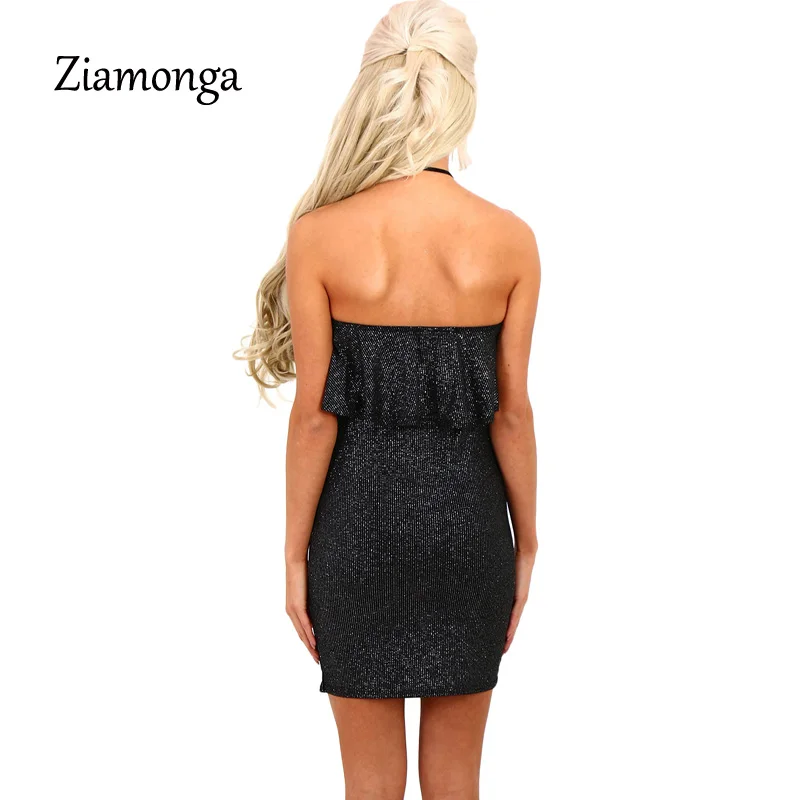 Женское мини платье Ziamonga черное летнее с вырезом на шее блестками и
