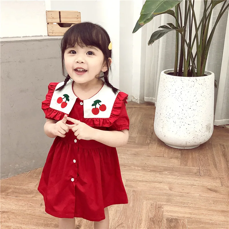 New 2019 Summer Girl Dresses Cotton Red Short Sleeve Cherry Embroidery Party Princess Dress Toddler Clothes Lovely Kids | Детская одежда