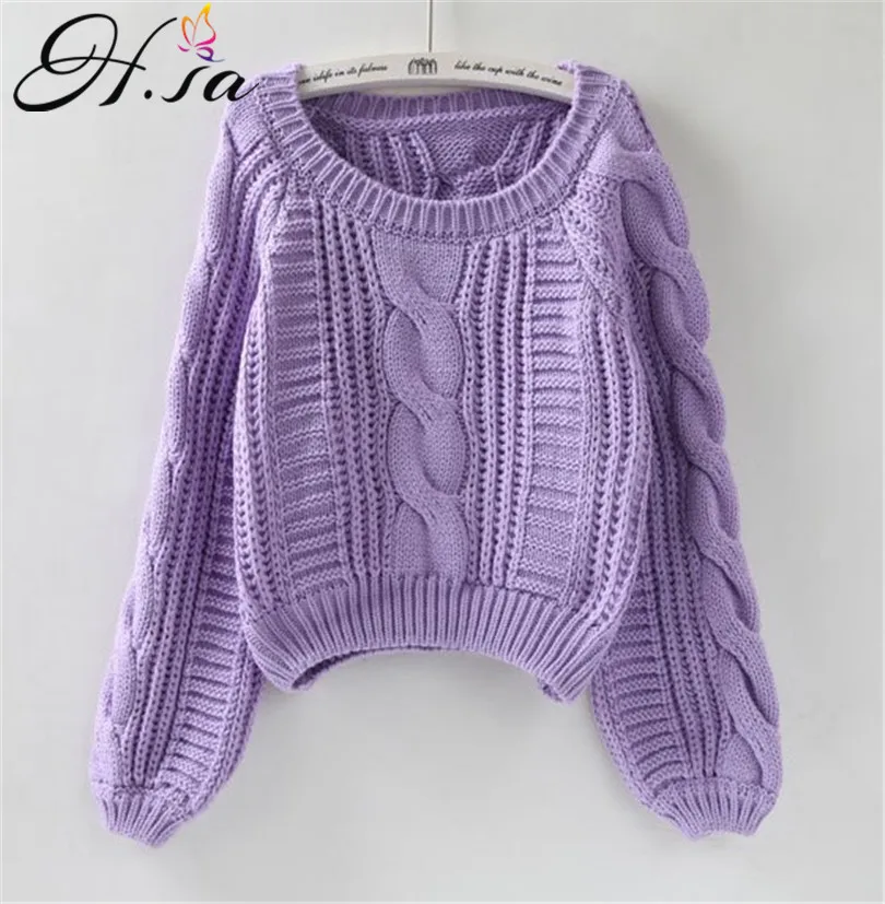 H.SA 2022 Women Winter Sweaters Korean Style Pink Pull Jumpers Solid Chic Short Sweater Twisted Femme kawaii Pullover roupa | Женская