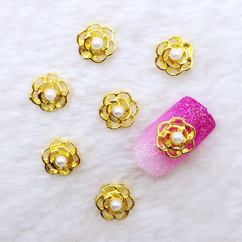 10 шт./лот 8*8 мм золото полые цветок с жемчугом металлического сплава Дизайн ногтей