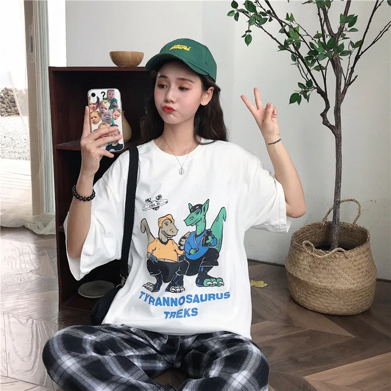 Футболка с рисунком динозавра туника в стиле панк женские футболки Япония Kawaii