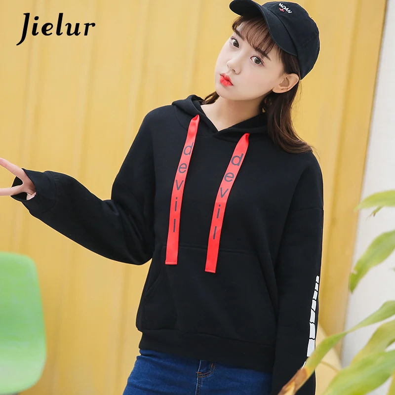 Jielur Весна Новый KPOP свободные Флисовые толстовки для Для женщин Письмо лента с