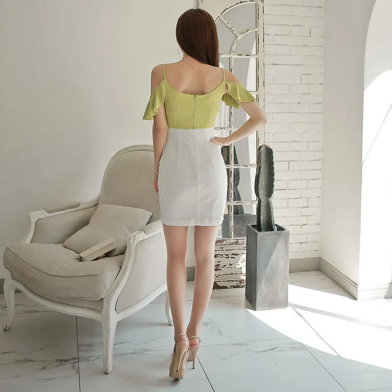 

Summer Patchwork Pencil Dress 2019 Women White Short Sleeve Strapless Off the Shoulder Dress Casual Button Mini Dresses Ladies