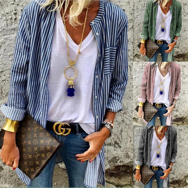New Hot Women Fashion Loose Long Sleeve Buttons Pocket Striped Shirt Ladies Casual Baggy Blouse Cardigan Tops| |