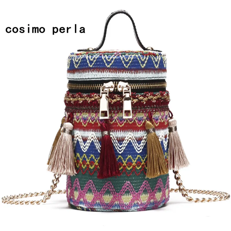

Boho Weave Ethnic Tassel Barrel Shaped Bags Top Handle Handbags Girl Fashion Hit Color Knit Bucket Mini Cylindrical Purses