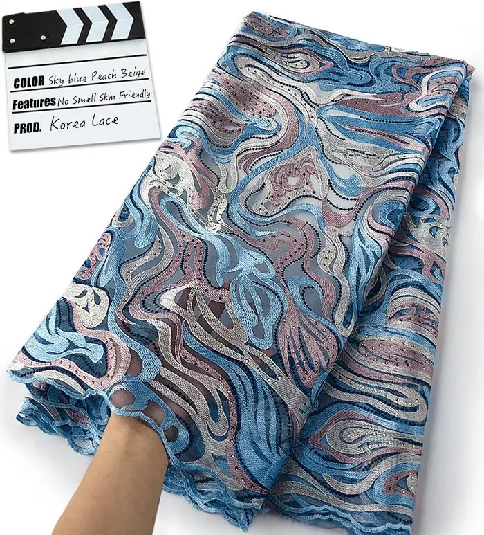 SkyBlue Peach Beige 5 ярдов необычная струящаяся вышивка корейское кружево уникальное Африканское французское кружево Тюль Ткань Фантастическая Праздничная Ткань Высокое качество - Цвет: SkyBlue Peach Beige