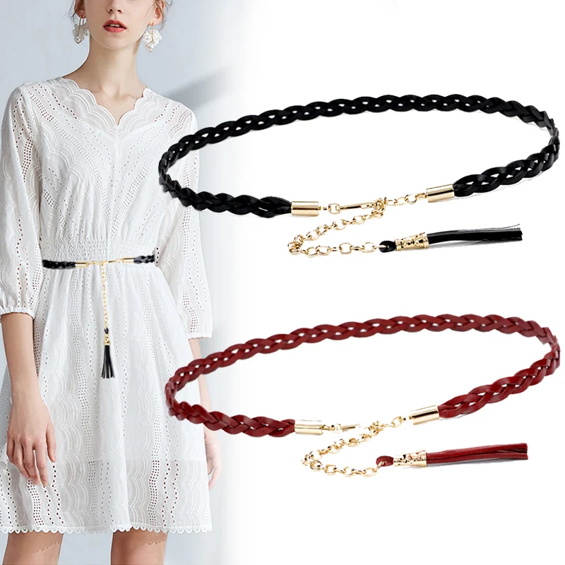 Top Layer Cowskin Knit Dull Polish Fine Waist Belt Decoration Dress Tassels Dermis Chain Black Women Width 1.5cm | Аксессуары для