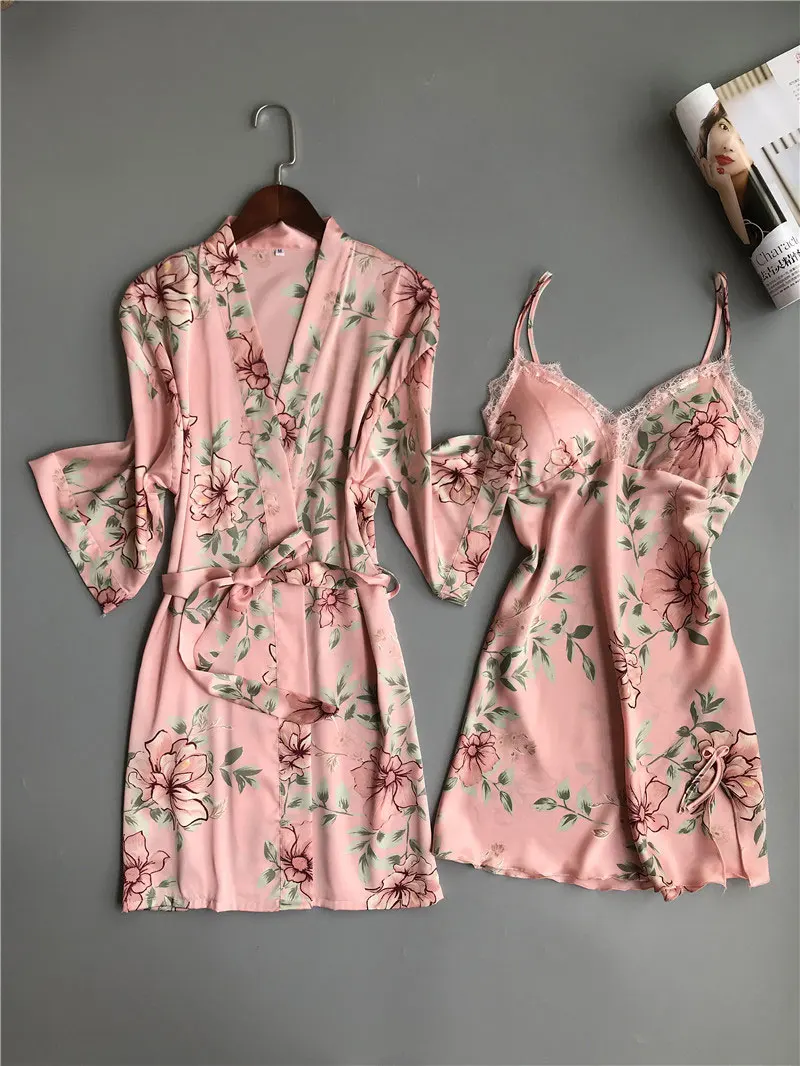 robe dress pink BZEL,, женская сексуальная пижама, Цветочный шелковый халат и платье, наборы, кружевной халат с v-образным вырезом, летний комплект для отдыха, атласная пижама для женщин - Цвет: robe dress pink