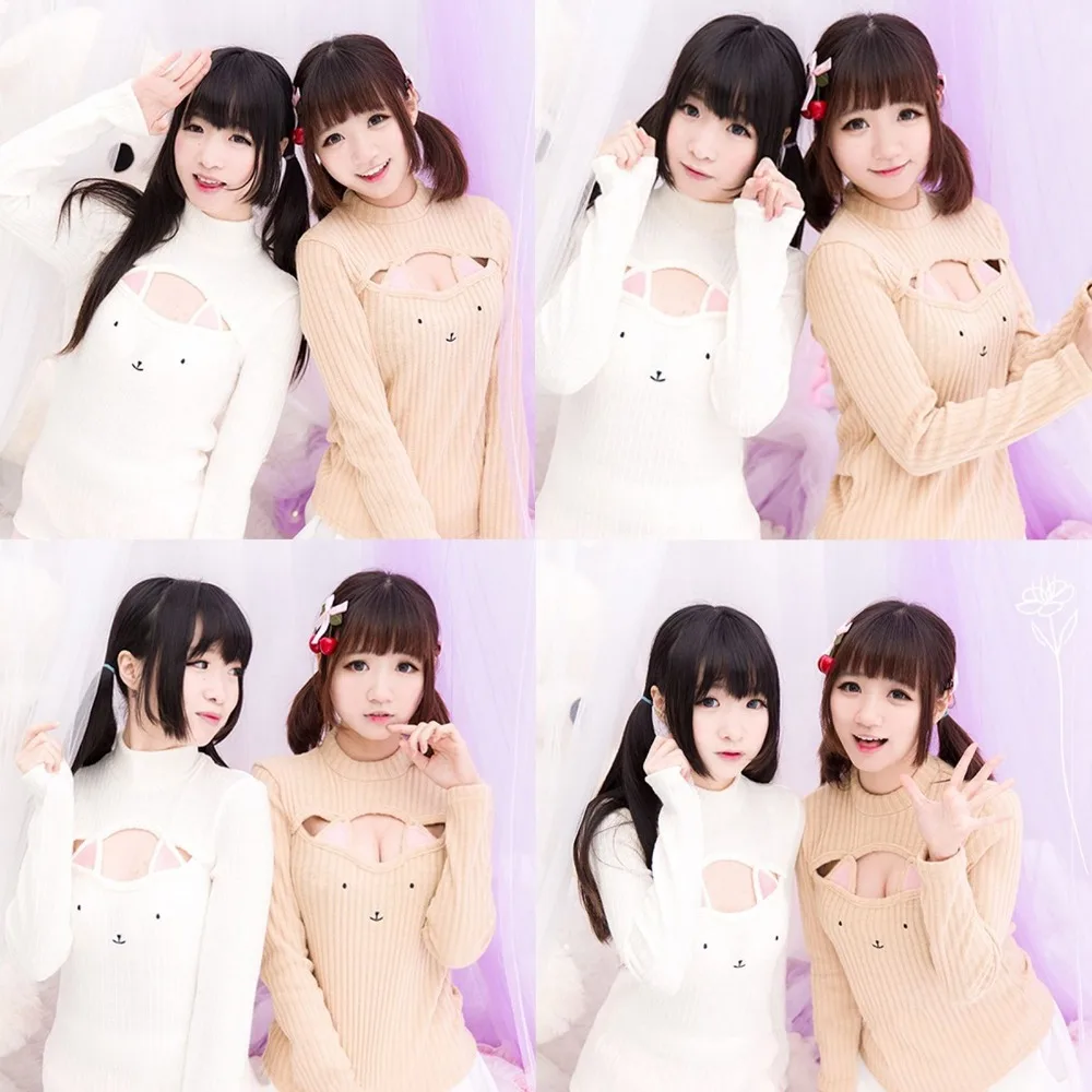 Sexy Cute Japanese ANIME Cat Ears Neko Mimi Style Winter Open Chest Turtleneck Collar Sweater Cosplay | Женская одежда