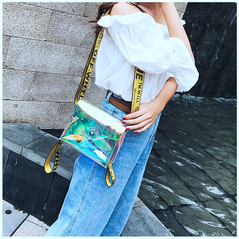 2018 Fashion Chic Jelly Crossbody Bags Colorful Laser PVC Small Strap Bag Rainbow Colour Messenger Girls Transparent Bolsas | Багаж и