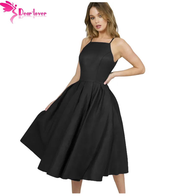 Dear Lover A Line Dress Elegant Summer Party Navy Blue Spaghetti Strap High Neck Midi Solid Color Vestidos Mujer LC610866 | Женская