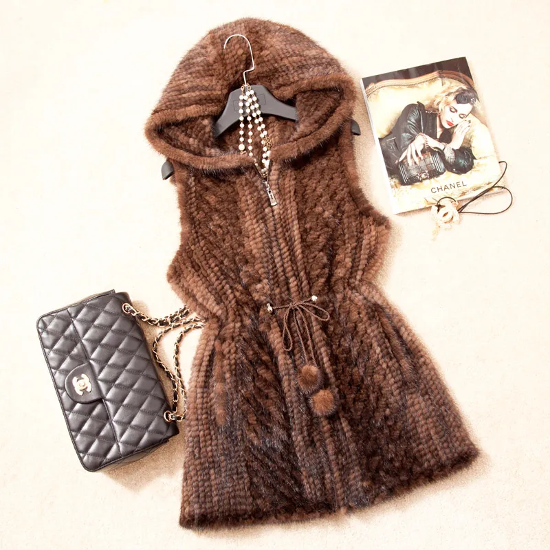 2017 осень-зима Для женщин натуральная вязаной норки Мех жилет с капюшоном леди