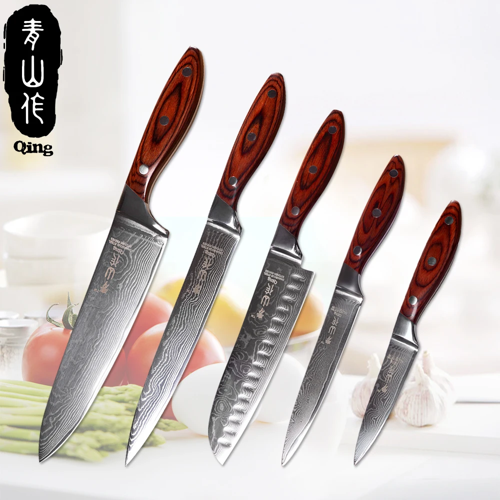 QING 5 шт. дамасский кухонный нож набор шеф повара нарезки сантоку ножи для чистки