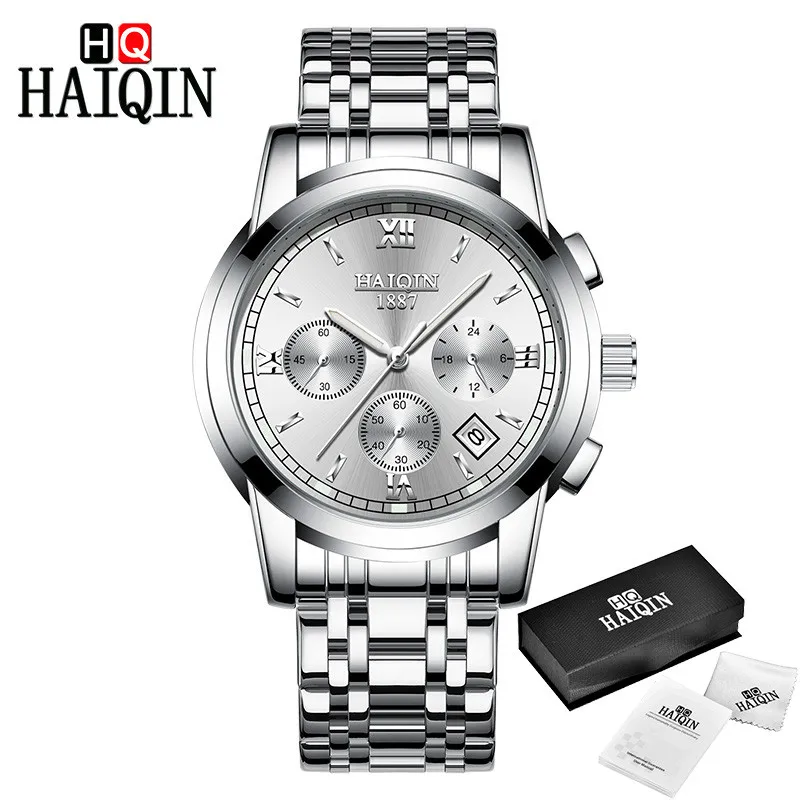 White HAIQIN часы Для мужчин Топ Элитный бренд хронограф Для мужчин спортивные часы Водонепроницаемый полный Сталь кварцевые наручные часы Relogio Masculino - Цвет: White
