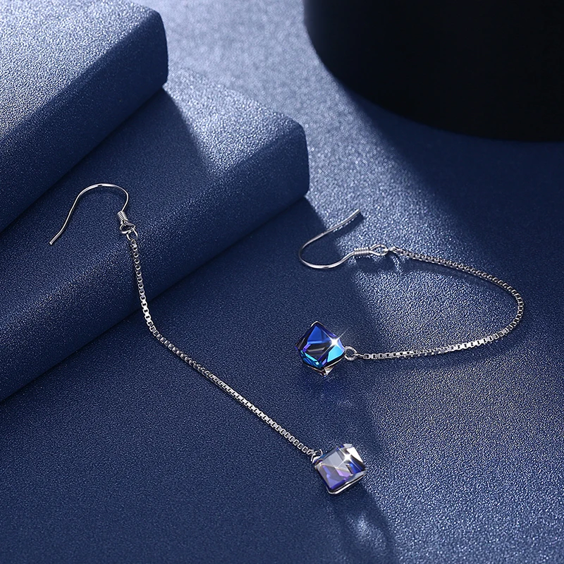 LEKANI кристаллами от SWAROVSKI длинной цепи Cube Бусы Серьги S925 стерлингового серебра пирсинг Для женщин Fine Jewelry