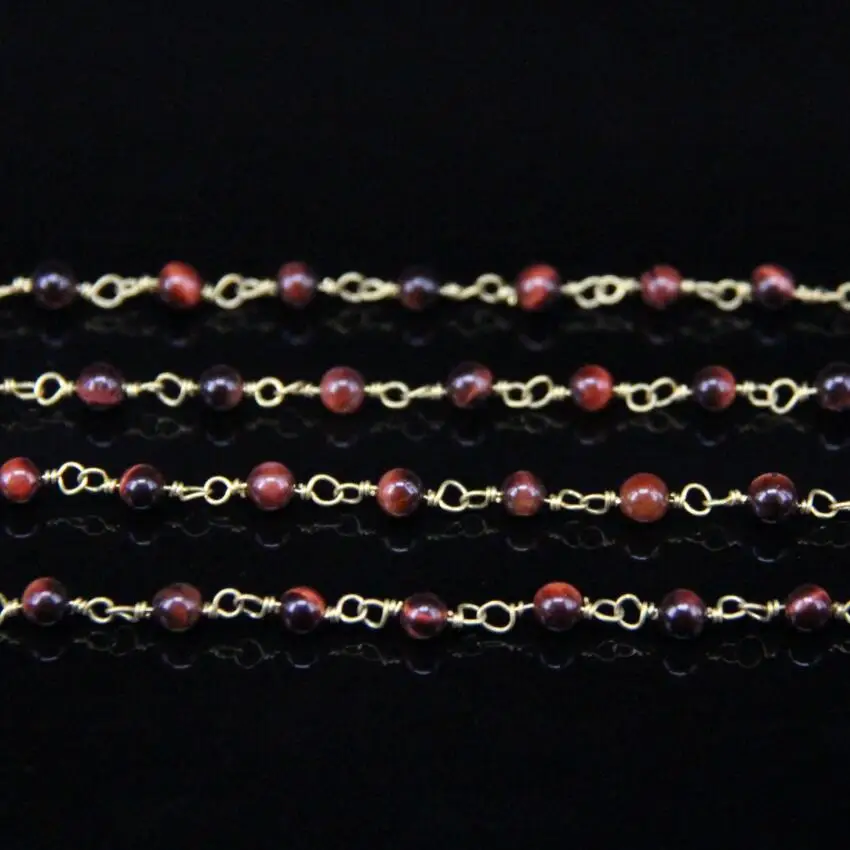4mm Round Natural Stone Bronze Brass Wire Wrapped Chains Red Tiger eye Gems Rosary Style Bracelets Connector Jewelry | Украшения и