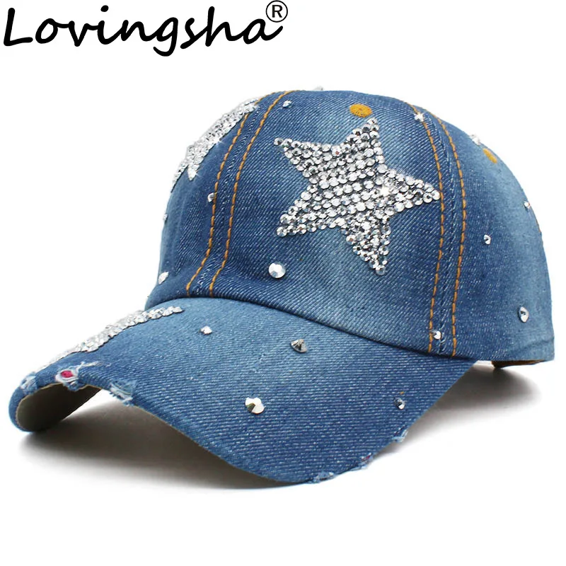 

LOVINGSHA Men Baseball Cap Rivet Design Washed Denim Women Snapback Cap Lady Summer Adjustable Sun-shading Hot Spring Hat AD095