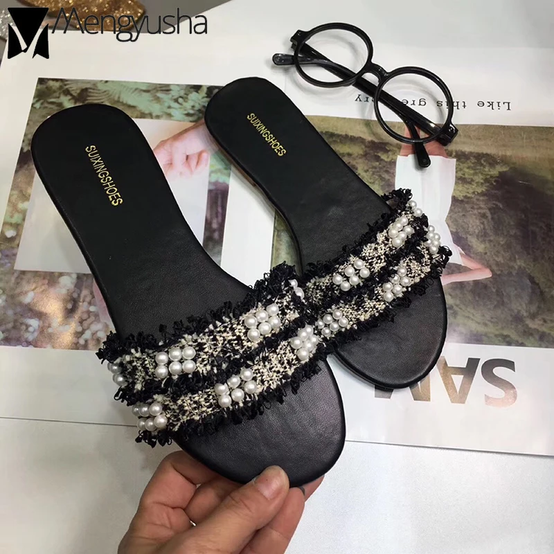 Роскошные дизайнерские тапочки с декором жемчуга Женская Нескользящая пляжная