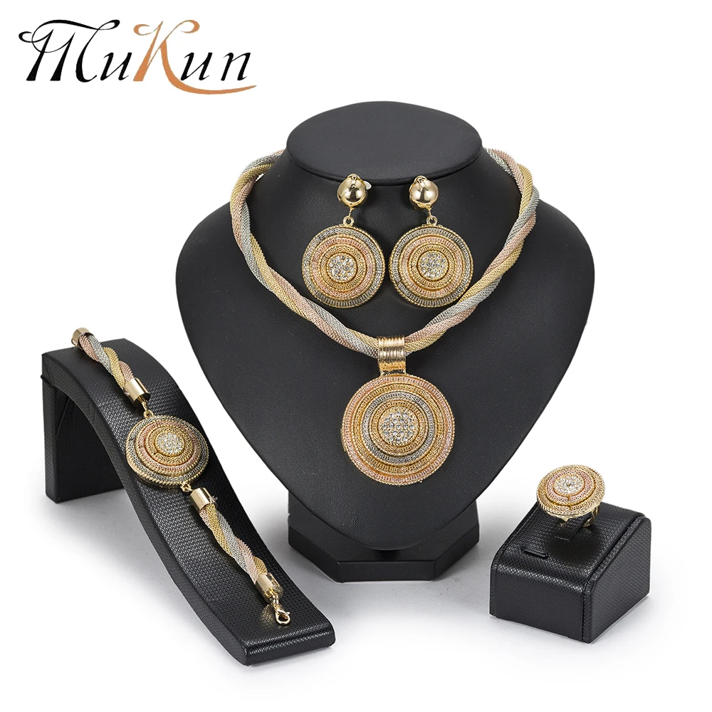 

MuKun African Beads Jewelry Set Round Pendant Gold color Dubai Big Necklace Jewelry sets Nigerian Bridal wedding Jewelry 2018