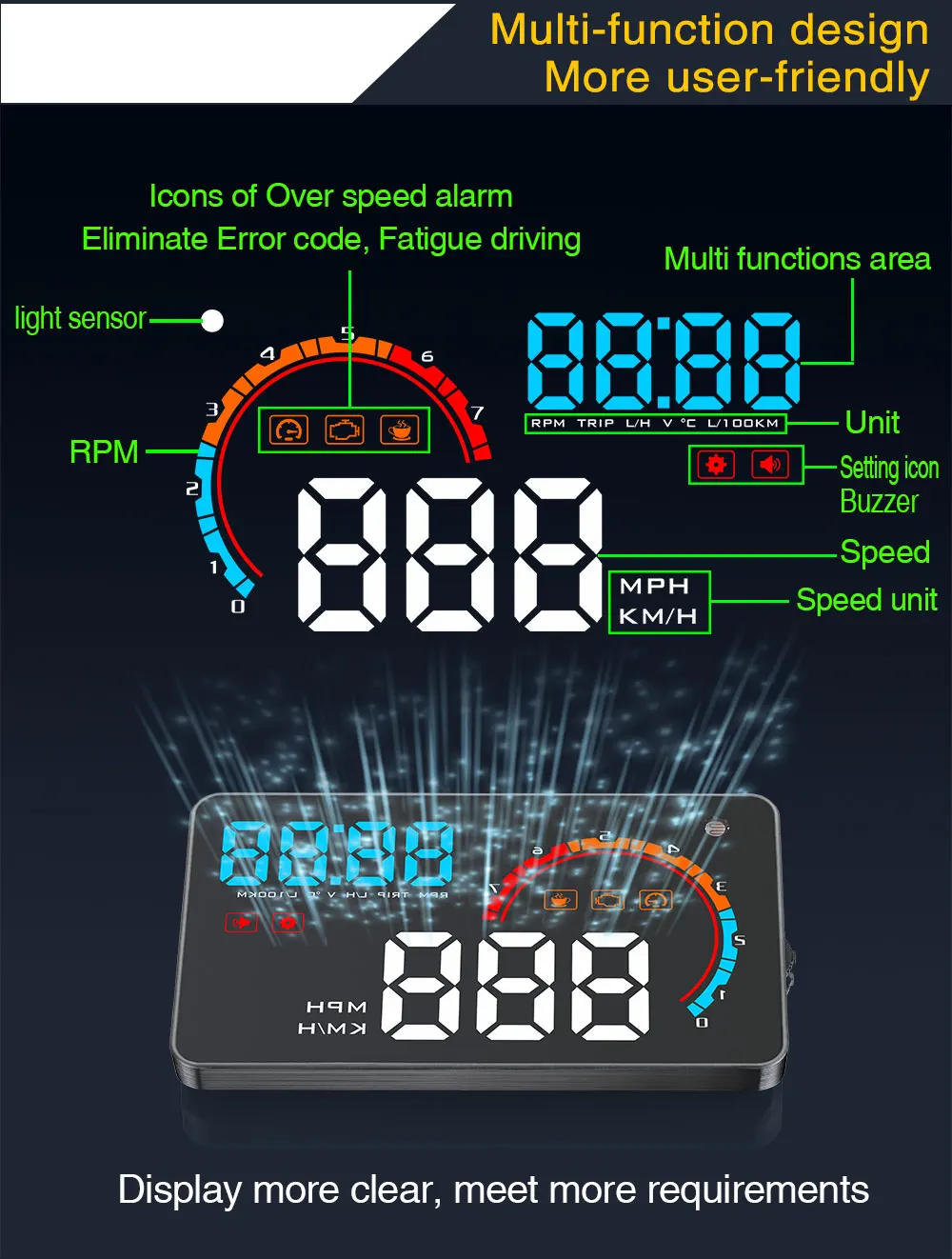 

KUNFINE OBD2 Car HUD head up display Windshield Projector LED Fatigue Driving Alarm Consumption Data Diagnostic Universal D2000