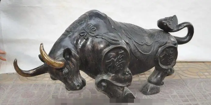 

Free shipping S00093 39"china bronze copper wealth money coin ruyi Wall Street oxen bull Ox fu statue