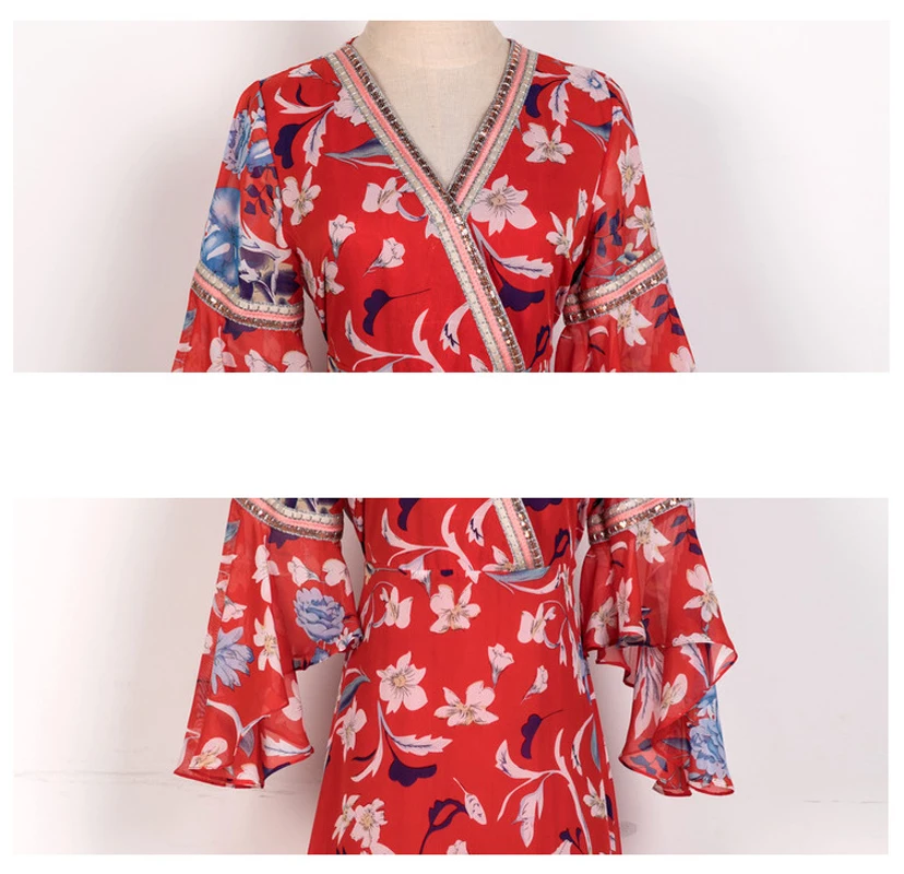 Летнее платье 2019 шифоновое женское с цветочным принтом Красное Белое пляжное