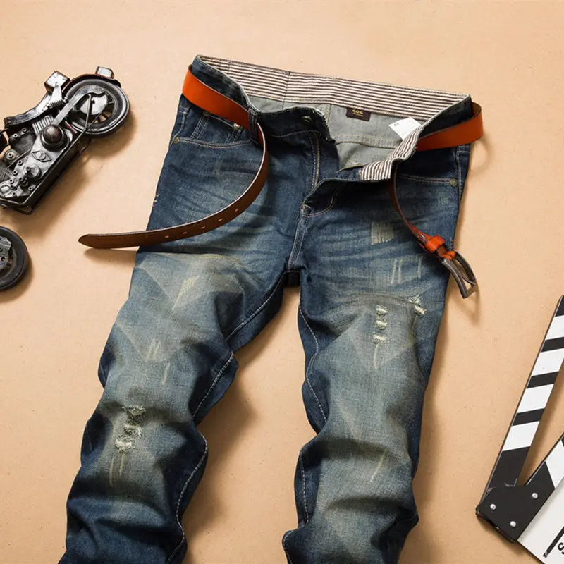 Slim Man Jeans Vintage Stonewash Ripped Jeans Men Brand Quality Stretch Denim Trousers Streetwear Black Blue