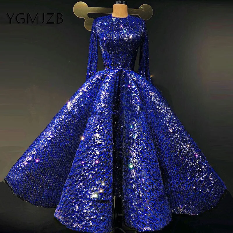 Блестящие пайетки вечерние платья 2019 Пышное Бальное Платье с длинными рукавами