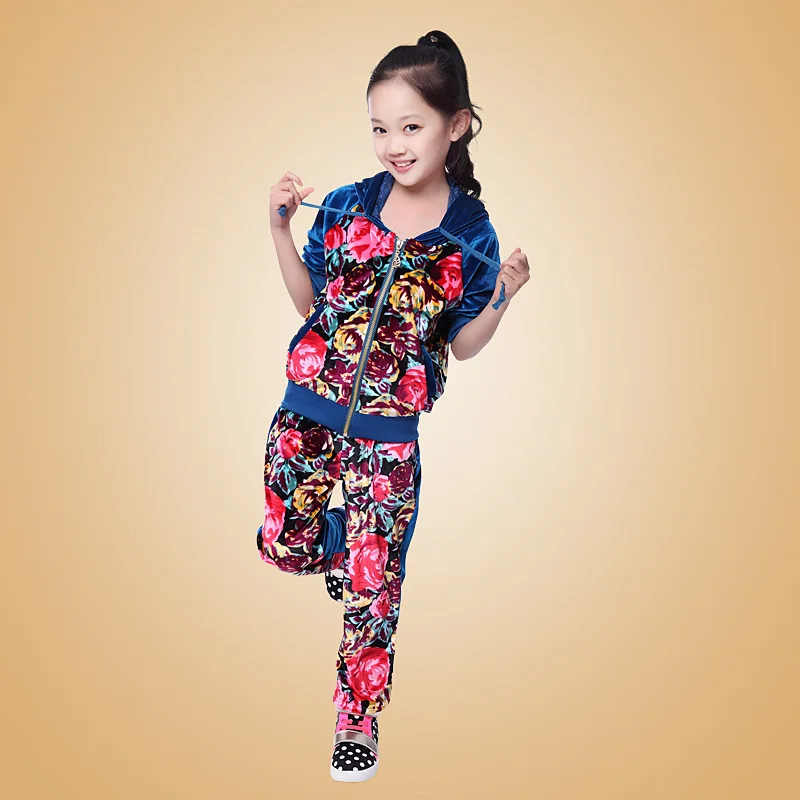 Spring 2015 new children clothing sets Floral coat pant 2pcs Velvet kids clothes baby girls sport suit roupas infantil meninas | Мать и