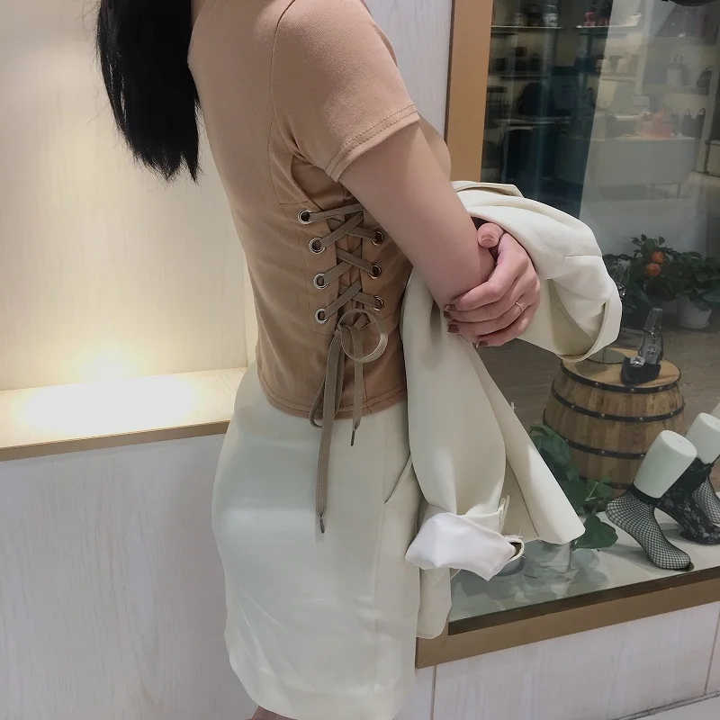 2017 Solid Short Sleeve Women O-Neck Top Tees Lace Up Casual Slim Female Femmes T-Shirt | Женская одежда