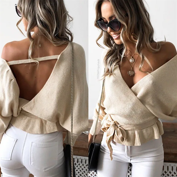 

sexy sweater club crocheted v-neck full sleeve pullovers fashion woman solid backless winter 2018 europe style female sweaters