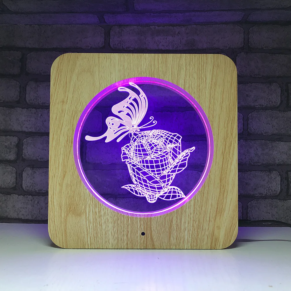 

New Wooden Rose Butterfly 3D LED RGB Night Light 7 Color Change Desk Light Action Figures 543 Boys Girls Christmas Toys