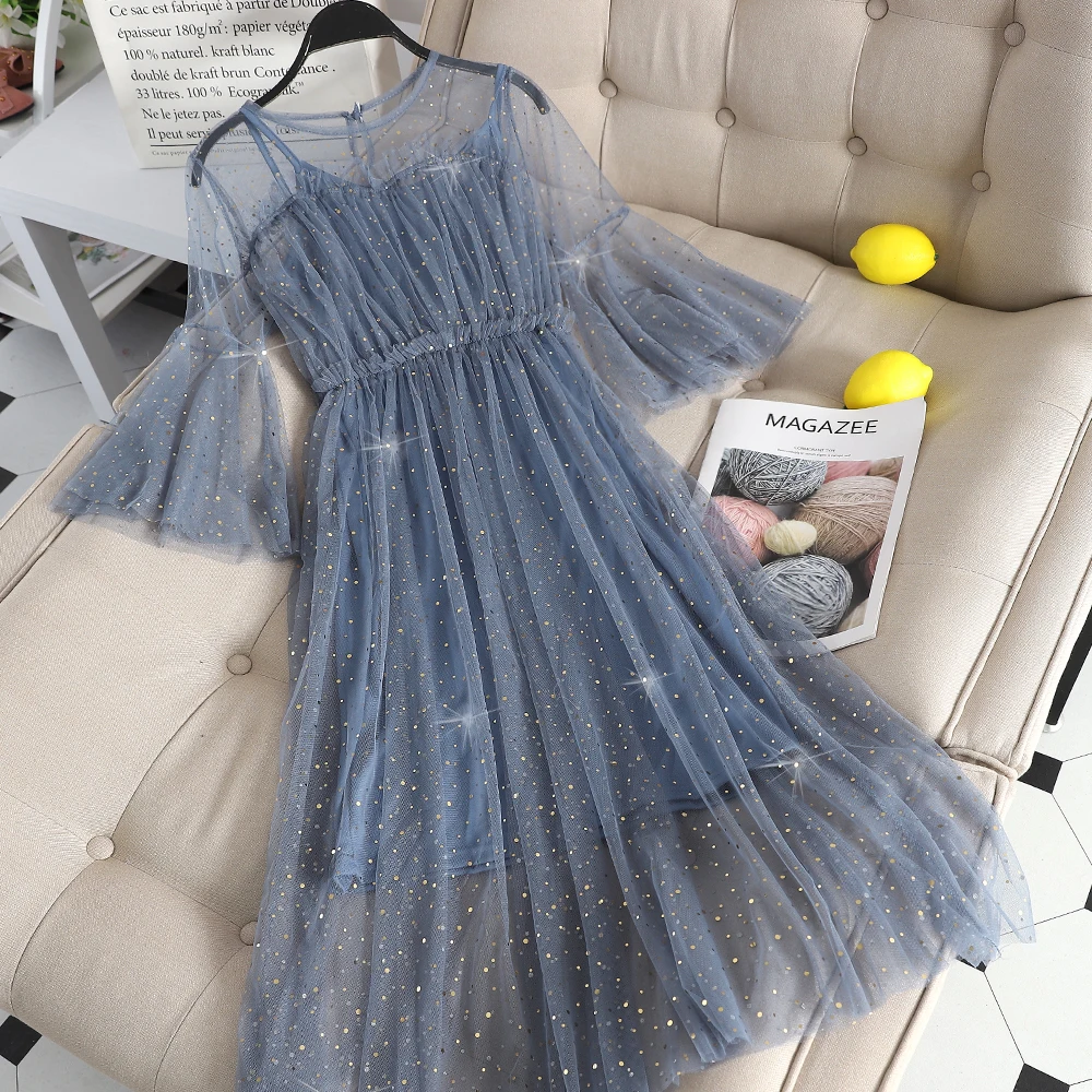 

Женское бальное платье из тюля, с круглым вырезом, расшитым блестками и расклешенными рукавами, винтажное эластичное тонкое Сетчатое плать...