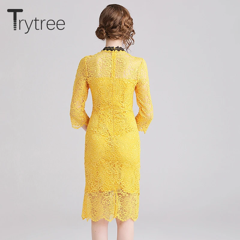 Женское кружевное платье футляр Trytree желтое Повседневное до колена с цветочной