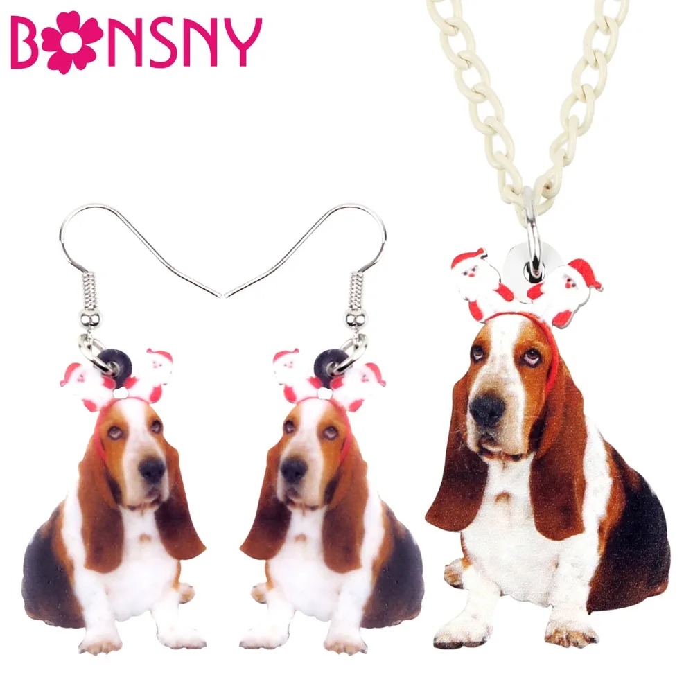 

Bonsny Statement Acrylic Sweet Christmas Santa Basset Hound Dog Earrings Necklace Collar Animal Jewelry Sets For Women Girls Pet
