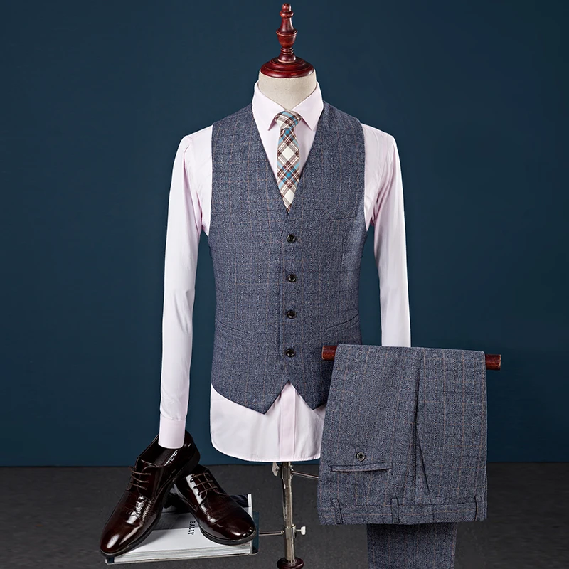 Куртка + брюки жилет 2017 Мужская небольшая решётка костюм Slim Fit Мода Досуг