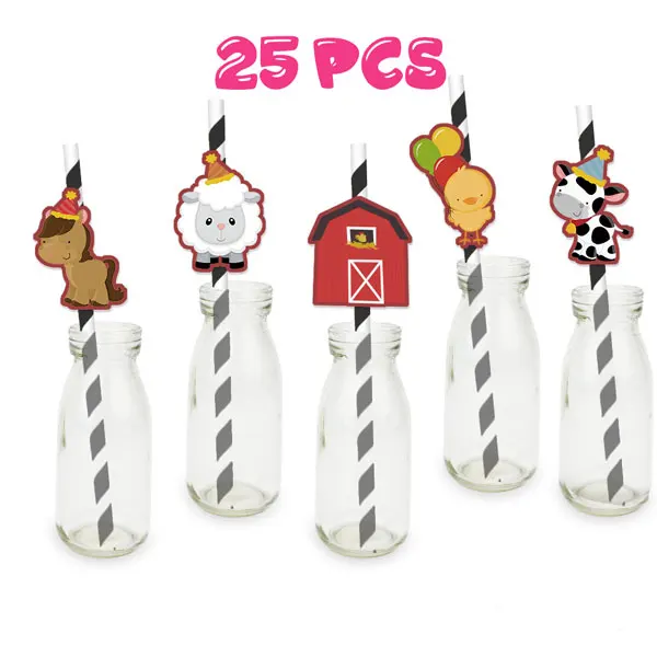 straws 25pcs Вечерние украшения для торта в тематике фермы животные в центре украшения для дня рождения принадлежности для тематической вечеринки в виде сельскохозяйственных животных - Цвет: straws 25pcs