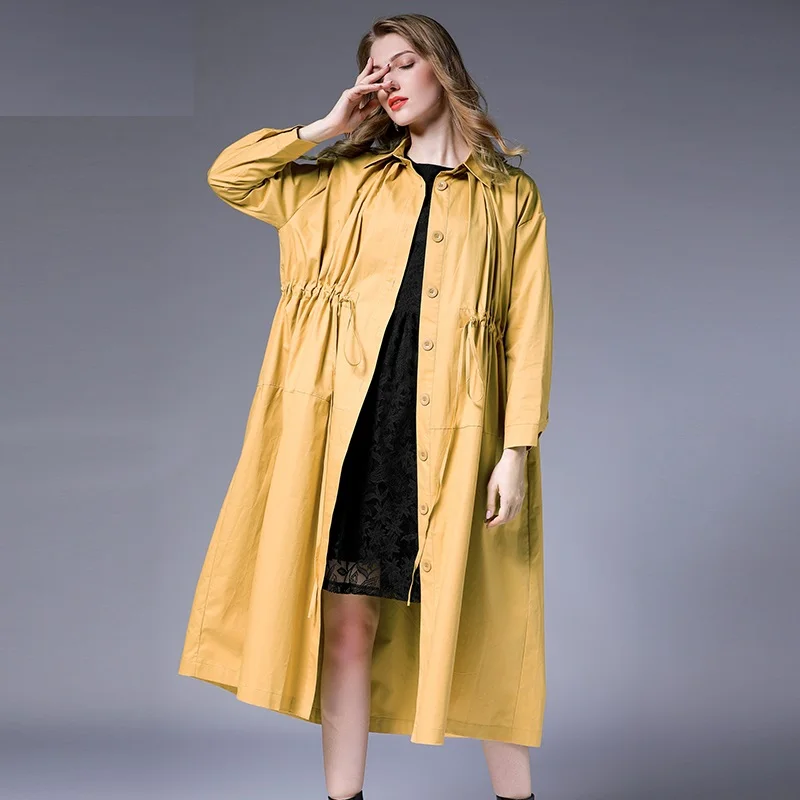 

Trench Coat Autumn Winter Plus Size Woman 2020 Oversized Black Yellow Formal Work Fashion Loose Elastic Trench Coats Outwear 4XL