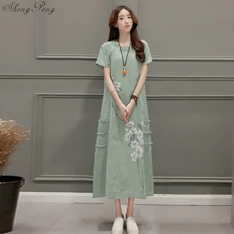 2018 Новый льняное платье аозай старинные этнические aodai полный рукав qipao для