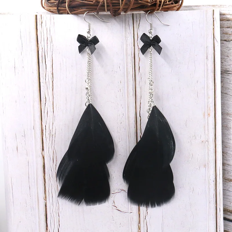 Женские длинные серьги-кисточки Boho с черным пером в этническом стиле