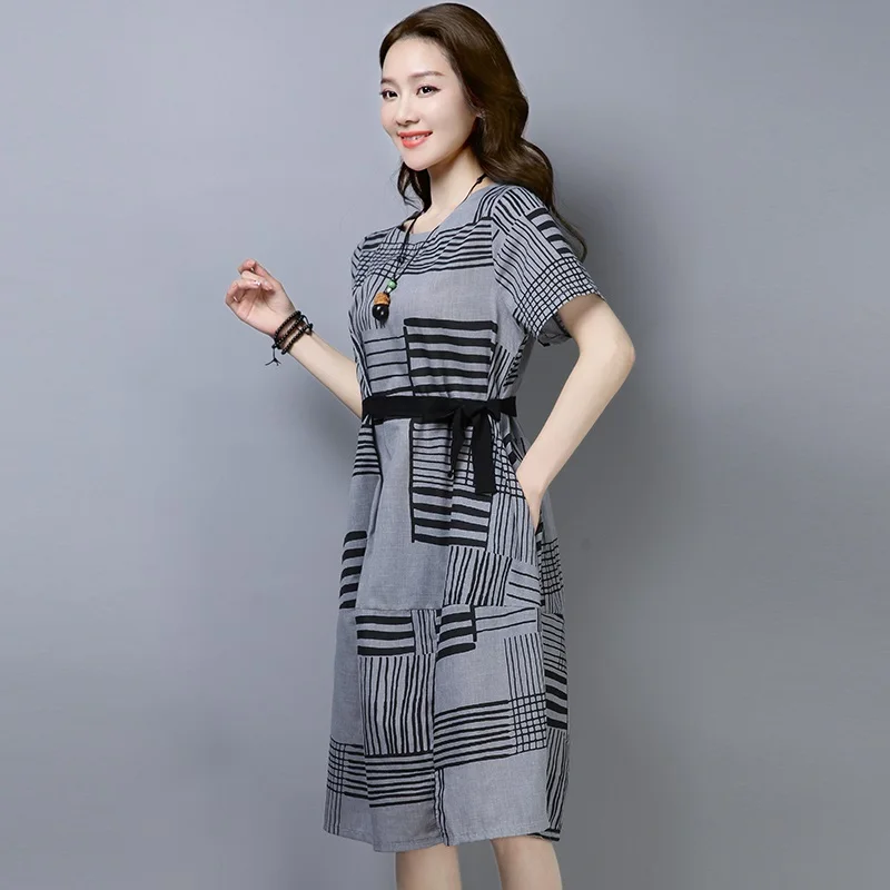 

short sleeve cotton linen vintage plus size women casual loose midi summer dress elegant clothes 2021 ladies dresses sundress