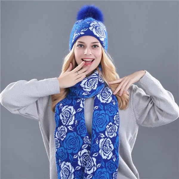 rose blue pom Xthree, зимняя шапка, шарф для женщин, шапка для девочек, шерстяная вязаная шапка, шарф, набор и большой натуральный мех норки, помпон - Цвет: rose blue pom